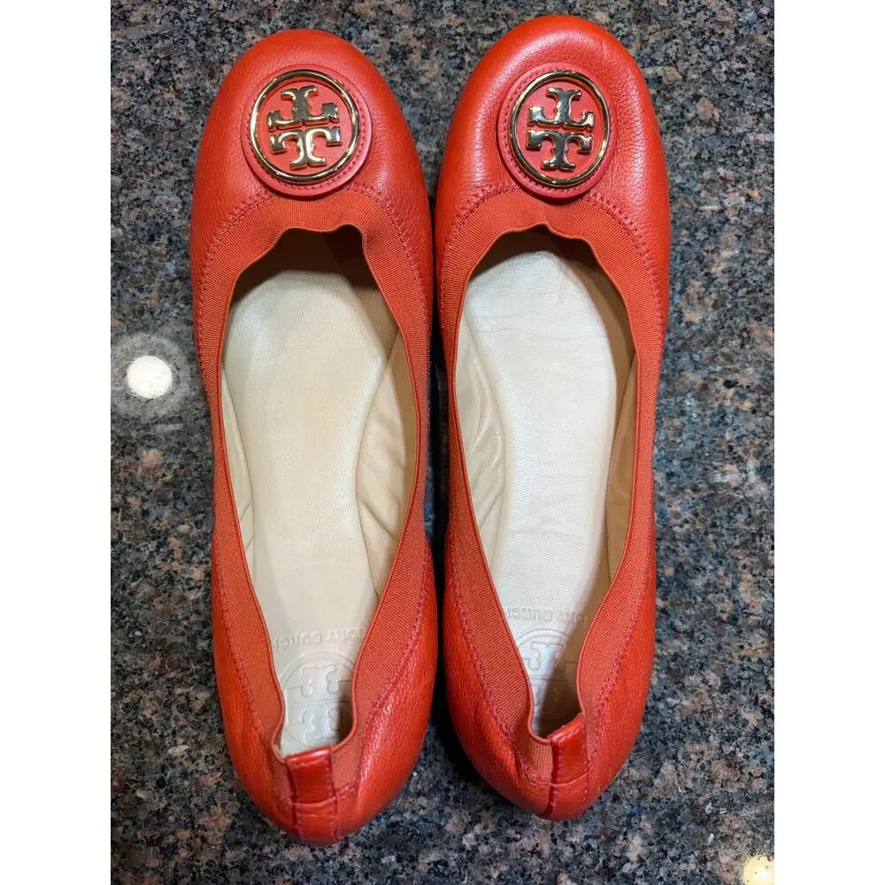 Tory Burch Women’s Orange Leather Round Toe Slip-On Ballet Flats Size 9